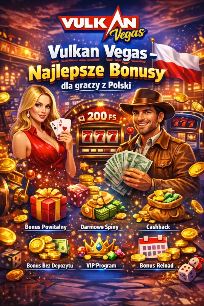 alt="Vulkan Vegas – Najlepsze Bonusy dla graczy z Polski. Grafika przedstawia kasyno online z kolorowymi slotami, polską flagą, ikonami bonusów: Bonus Powitalny, Darmowe Spiny, Cashback, Bonus Bez Depozytu, VIP Program i Bonus Reload."